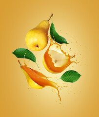 Wall Mural - Whole and sliced pears with juice splashes in the air