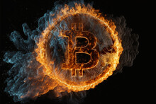 Bitcoin Explosion In A Fireball Surrounded By Flames On A Black Background. Crypto Market Bearish Scenario And The Burst Of The Crypto-currency Bubble And Bad Regulation Taking Down The Prices.