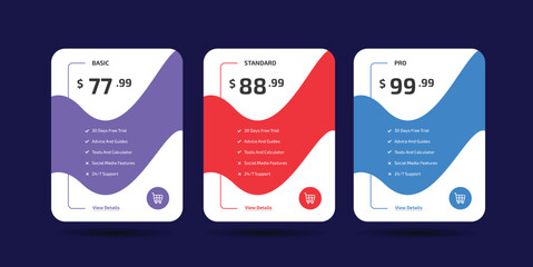 Wall Mural - Colorful Pricing Table Design Templates for Websites and Applications, Vector Pricing table, infographic design