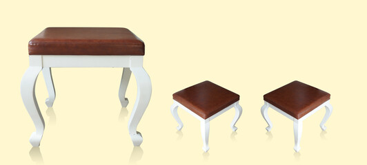 Wall Mural - front view three stool, brown leather on white wooden stool on yellow background, object, decor, furniture, copy space