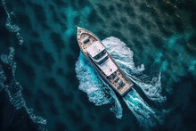 Aerial View Of Yacht At The Sea. View From Above. Generative AI