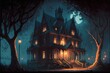 manoir ou maison hantée une nuit de pleine lune, illustration numérique