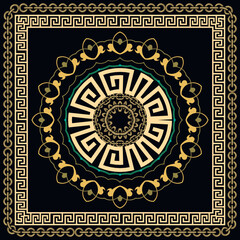 Sticker - Mandala. Ancient round greek ornament with square frames. Vector colorful meander pattern on black background. Seamless pattern with gold chains, greek key meanders, mandala, frames, borders, flowers