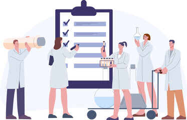 Poster - Pharmaceutical audit concept. Scientist with lab equipment and doctors. Hospital or laboratory management. Medication development vector process