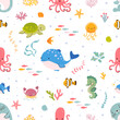 © MicroOne - Sea life seamless pattern. Coloring cute underwater animals background. Cartoon baby whale, ocean fish and octopus in nowaday vector template