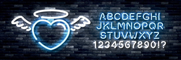 Wall Mural - vector realistic isolated neon sign of angel heart logo with alphabet font on the wall background. c