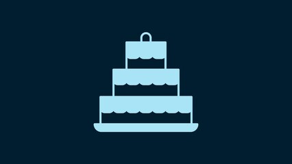 Poster - White Cake with burning candles icon isolated on blue background. Happy Birthday. 4K Video motion graphic animation