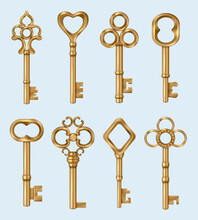 Vintage Keys. Golden Realistic Real Estate Keys In Ornate Style Decent Vector Tools For Old Doors