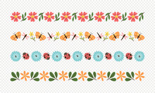 Spring Decorative Border Collection. Seamless Borders With Floral Elements, Leaves And Butterflies. Isolated Elements. Vector Illustration. Set 1 Of 2.