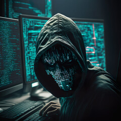 Masked hacker sitting at desk downloading private information off computer, AI Generate