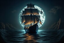 An Old Ship With Large Sails Against The Backdrop Of A Beautiful Neon Sunset, Moon, Ship At Sea. AI