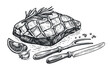 Hand drawn meat steak grilled in vintage engraving style. Roast beef, grill food, barbecue sketch. Vector illustration