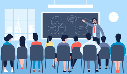 Lecture teaching company. Speakers course or curriculum, business conference presentation. School students classroom or hall, recent vector lesson