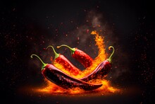 Red Hot Chili Pepper Burns On Black Background. Ai Generated