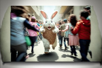 Wall Mural - Side view of an easter bunny with a bag full of eggs running from children, created with Generative AI technology