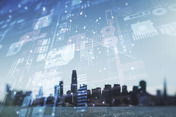 Wall Mural - abstract virtual coding illustration on san francisco cityscape background, software development con