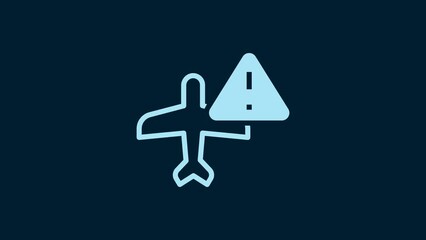 Sticker - White Warning aircraft icon isolated on blue background. Faulty plane. Flying prohibition zone. Plane is forbidden for transportation and travelling. 4K Video motion graphic animation