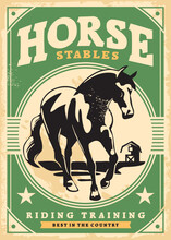 Horse Stables Vintage Poster Design. Farm Animals Retro Promo Sign With Horse Silhouette And Barn Graphic. Vector Illustration.