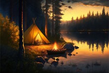 Camping On The River Bank, Campfire, Night Forest, Moonlight, Cozy Evening By The Fire. AI