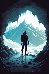 Wall Mural - Adventurous Man Hiker standing in an Ice Cave with rocky mountains in the background. Generative Ai illustration in vector style.