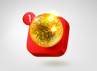 Fototapete - Gold glass disco ball on red button. 3d vector mobile application icon