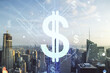 Virtual USD symbols illustration on New York city skyline background. Trading and currency concept. Multiexposure