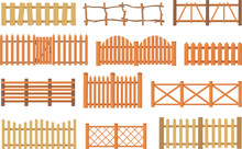 Wooden Enclosures. Wood Fence, Timber Palisade Garden Railing Cartoon Fences Types Farm Or Rural Barrier Of Beautiful Finca, Yard House Gates Panel Border, Neat Vector Illustration