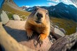  a groundhog is sitting on a rock and looking at the camera with a mountain in the background and a blue sky with clouds and white clouds above it is a bright yellow and a. Generative AI