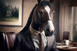 Portrait of horse in a business suit, at the office, generative ai