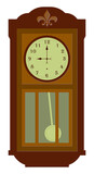 Fototapeta Big Ben - Old vintage wall hanging clock with wood carved decoration isolated on transparent background png; retro watch with pendulum and Hindu-Arabic numerals; illustration, cartoon, clipart