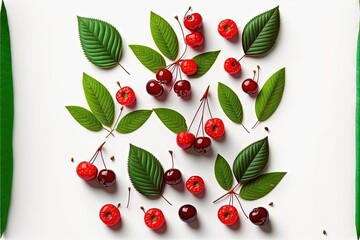 Wall Mural - a white plate topped with cherries and green leaves on top of a white surface with a green border around it and a green leaf on the top of the plate is surrounded by red.