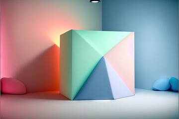 Wall Mural -  a colorful object is standing in a room with a blue wall and a pink wall behind it and a blue ball on the floor and a pink wall behind it and a blue wall with a. Generative AI