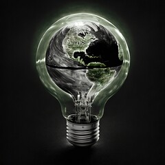 Wall Mural - a light bulb with a picture of a planet inside it and a green light coming out of it to the side of the bulb is a black background with a black background and white background.