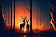 Ängstliche Hirsche im brennenden Wald. Waldbrand durch Klimawandel und der Erderwärmung