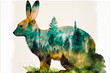 Doppelbelichtung von einem Hase und seinen lebensraum den Wald isoliert auf weißen Hintergrund mit Platzhalter