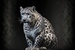  a large leopard sitting on top of a wooden table next to a black background with a white spot on its face and a black spot on its face, with a black spot on the. Generative AI