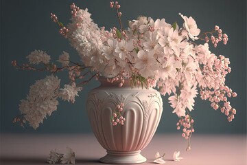 Sticker -  a vase with flowers in it sitting on a table next to a flower arrangement on a table top with a blue background behind it and a pink background with a white border and a pink. Generative AI