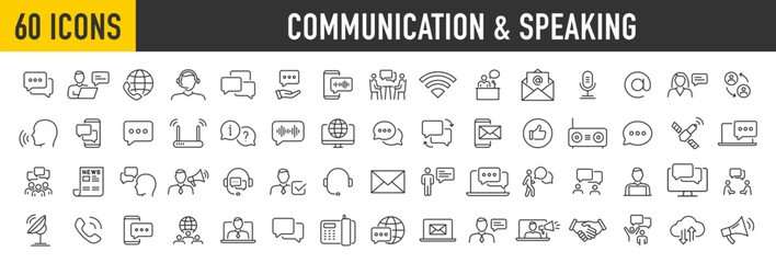 Wall Mural - set of 60 communication and speaking web icons in line style. chat, speech bubble, talking, point, c