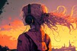 A young anime style girl with headphones listening to music while watching the sunset, relaxing vibe and pastel colors, generative ai