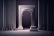  a doorway with a white pedestal and a purple background with a white arch and a white pedestal with a gold handle on it and a black background with a white curtain and gold trim and. Generative AI