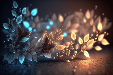  a bunch of leaves that are on a table with a light on it and a black background with a blue light behind them and a black background with a blue border with a light on. Generative AI