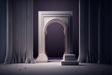 Sticker -  a doorway with a white pedestal and a purple background with a white arch and a white pedestal with a gold handle on it and a black background with a white curtain and gold trim and. Generative AI