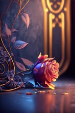  A Rose Is Sitting On The Floor Next To A Wall With A Gold Frame And A Door In The Background With A Gold Frame And Blue Background With A Gold Border And Red Rose On.