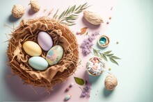  A Bird's Nest With Eggs And Flowers On A Blue Background With A Green Leafy Branch And A Few Other Eggs In The Nest, With A Few More Eggs Scattered Around Them.