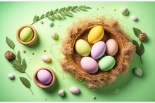  A Nest Of Eggs With Leaves And Eggs On A Green Background With Leaves And Eggs On A Green Background With Eggs In A Nest And Leaves On The Side Of The Nest, And A.