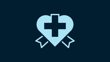 Sticker - White Heart with a cross icon isolated on blue background. First aid. Healthcare, medical and pharmacy sign. 4K Video motion graphic animation