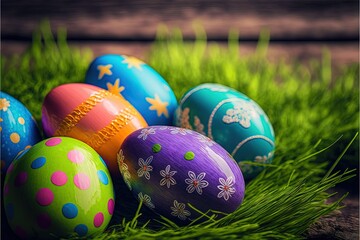  a group of colorful easter eggs sitting in the grass on a sunny day with a wooden background and a wooden fence in the background with grass and flowers on the bottom of the eggs are. Generative AI