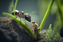  A Couple Of Ants Are Standing On A Plant Stem Together, With One Of Them Looking At The Camera Lens And The Other Looking At The Camera Lens Lens, With A Blurry Background.