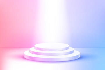 Poster - Vivid empty stage with round showcase and bright projector. 3d vector illustration