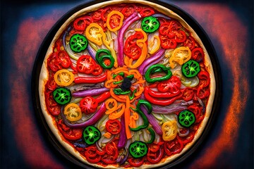 Sticker - a pizza with peppers and onions on a wooden table top with a red background and a blue border around it with a black border around the edges and a red border with a black border.